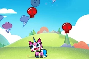 Renkli bir çizgi film dünyasında, üzgün yüz emojileri ve kırmızı kafatası simgeleri arasında duran pembe ve mavi bir unicorn kedi