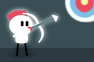 Beyaz bir karakter, elinde yay ve ok ile hedef tahtasına nişan alıyor