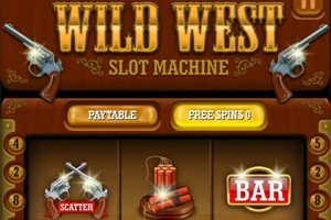 Wild West Slot Machine başlığıyla iki tarafında tabanca olan bir slot makinesi ekranı