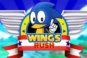 Mavi bir karakter, kanatlı bir logo içinde parmak kaldırmış şekilde Wings Rush yazısının önünde duruyor