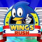 Mavi bir karakter, kanatlı bir logo içinde parmak kaldırmış şekilde Wings Rush yazısının önünde duruyor