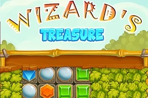 Renkli değerli taşlar ve yapraklarla çevrili bir arka planda Wizards Treasure yazısı