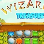 Renkli değerli taşlar ve yapraklarla çevrili bir arka planda Wizards Treasure yazısı