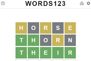 Üç satırda renkli kutucuklar içinde HORSE, THORN, ve THEIR kelimeleri yazılı