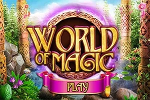 Büyüleyici bitki örtüsü ile çevrili büyük, altın harfli World of Magic yazısı ve altında pembe bir Play bandı