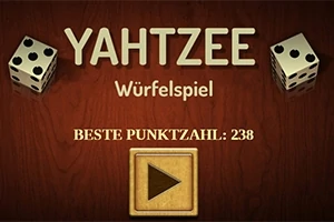 Ahşap zemin üzerine iki zar ve ortada büyük harflerle YAHTZEE yazısı