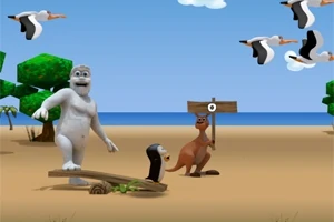 Beyaz yaratık, penguen ve kanguru ile sahil kenarında ağaçlar ve uçan kuşlar