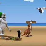 Beyaz yaratık, penguen ve kanguru ile sahil kenarında ağaçlar ve uçan kuşlar