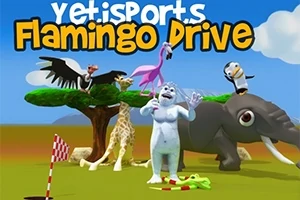 Beyaz bir yaratık, penguen, fil, zürafa, kartal ve flamingo ile birlikte açık alanda durmaktadır; arka planda bulutlu bir gökyüzü ve ağaç bulunmaktadır
