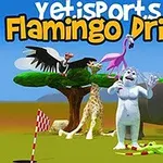 Beyaz bir yaratık, penguen, fil, zürafa, kartal ve flamingo ile birlikte açık alanda durmaktadır; arka planda bulutlu bir gökyüzü ve ağaç bulunmaktadır
