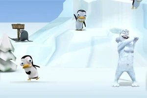Karlı bir arka planda çeşitli pozlarda duran penguenler ve kollarını kavuşturmuş bir Yeti