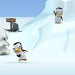 Karlı bir arka planda çeşitli pozlarda duran penguenler ve kollarını kavuşturmuş bir Yeti