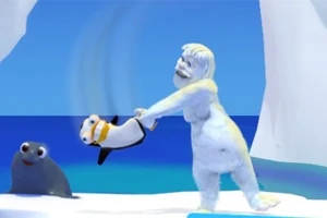 Karakter, elinde pengueni savururken sahnede bir fok ve buz dağları görülüyor