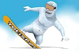 Beyaz kürklü canavar bir snowboard üzerinde mavi gökyüzü altında kayıyor