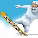 Beyaz kürklü canavar bir snowboard üzerinde mavi gökyüzü altında kayıyor