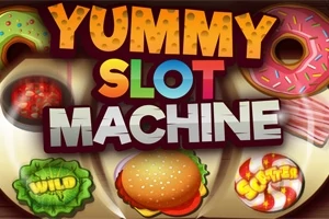Renkli “Yummy Slot Machine” yazısı, etrafında simit, hamburger, turta ve yeşil wild yazısı olan görsel