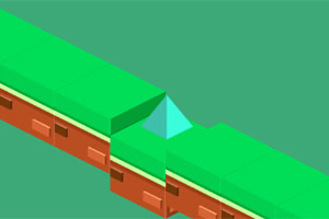 Yeşil ve kahverengi bloklardan oluşan, üçgen şeklinde bir boşluk içeren izometrik bir platform
