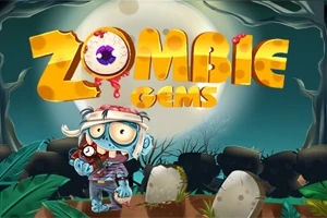 Bir zombi karakteri, büyük bir ay ışığı altında mezar taşlarının önünde duruyor ve üstünde Zombie Gems yazısı bulunuyor