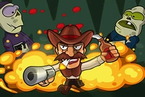 Kovboy şapkalı bir adam, elinde tüfek ve içecek tutarak iki zombi karakterle birlikte patlama sahnesinde