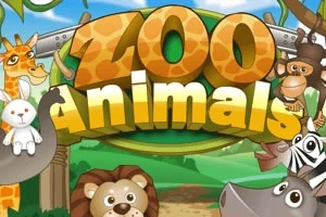 Çizgi hayvan karakterleri ve büyük Zoo Animals yazısının yer aldığı renkli bir illüstrasyon